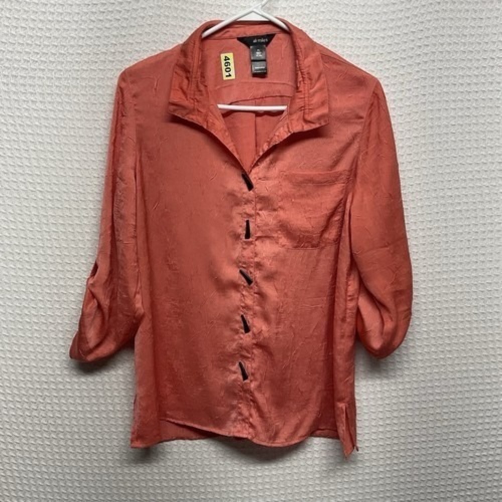 Ali Miles Coral Orange Crinkle Toggle Button Up Tunic Shirt Women L Petite China